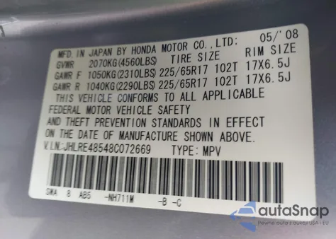 2008 Honda Cr-V Ex из США, поврежденный, VIN JHLRE48548C072669